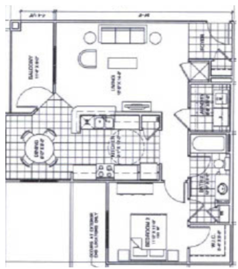 Floor plan for 1 bed, 1 bath, 796 sqft